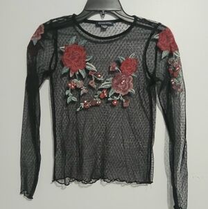 American Eagle Outfiters Black Sheer Long-Sleeve Top with Red Rose Embroidery